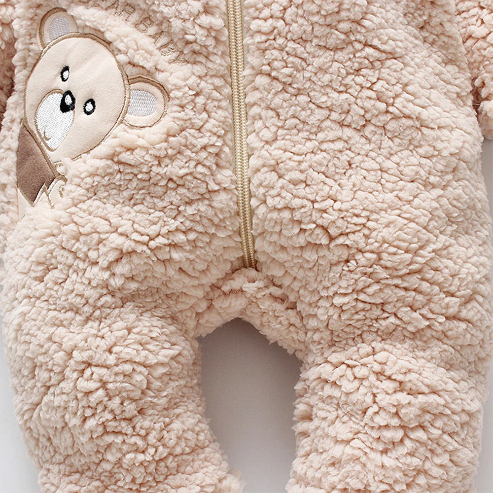 Lamb hair cartoon bear embroidered baby jumpsuit winter new girl baby long sleeved crawling suit thickened girl