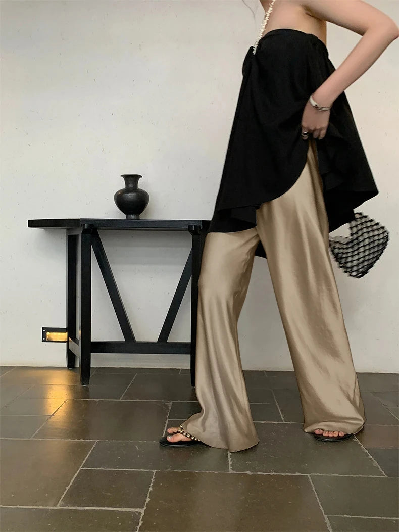 CHEERART Satin Pants For Women Korean Fashion 2023 Summer Trousers Casual Wide Leg Pants Beige Black Blue Bottoms Clothes