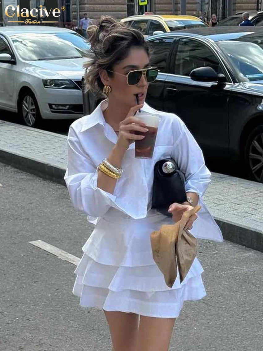 Clacive Fashion Loose White Cotton Women's Two Pieces Set 2025 Elegant Long Sleeve Shirt With High Waist Pleated Mini Skirt Set