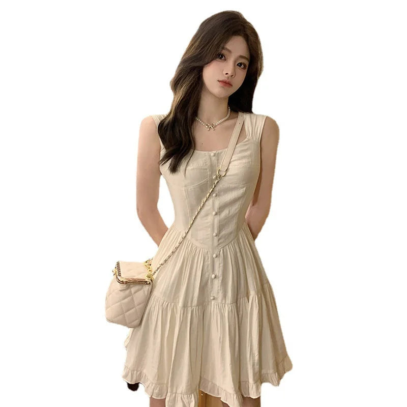 Summer Aesthetic White Sweet Dress Women Korean Vintage Slip Princess Slim Waist Dresses Elegant Ruffle High Waist Skirt