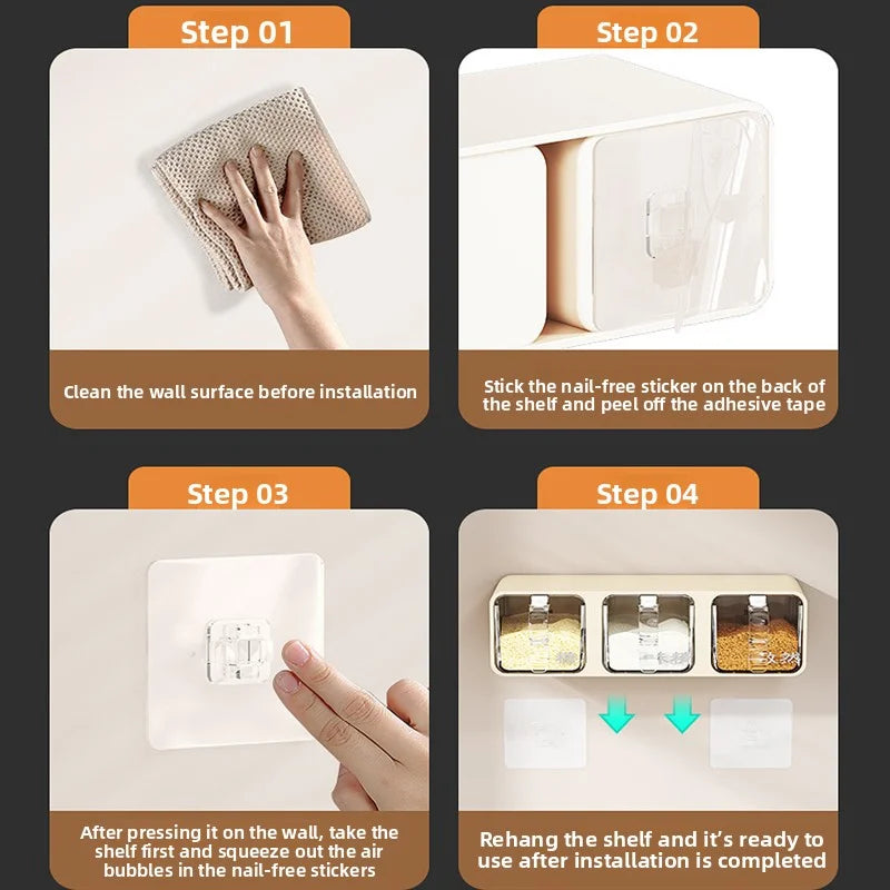 Wall-mounted moisture-proof seasoning box for home kitchen with condiment bottles for salt, MSG, and other condiments.