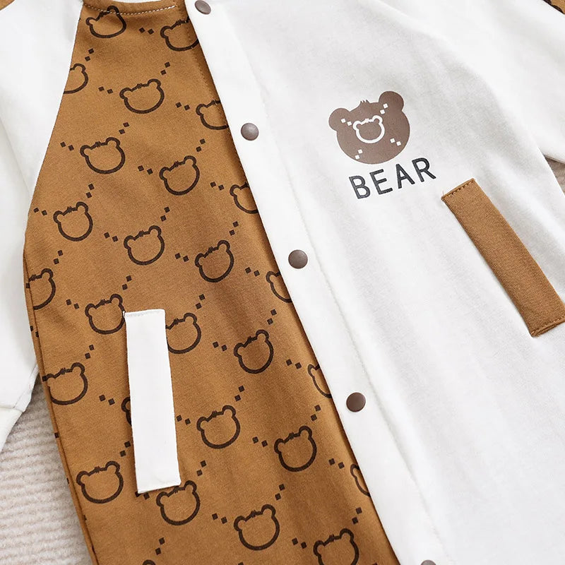Spring And Autumn Boys And Girls Cute Cartoon Little Bear Printed Cotton Comfortable Casual Long Sleeve Baby Bodysuit