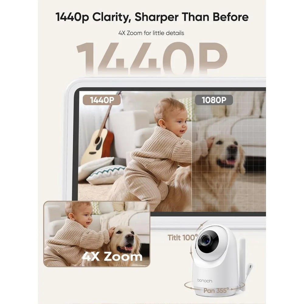 5.5" 1440p Baby Monitor with Camera and Audio, No WiFi Baby Camera, 240h Lasting, Smart Detect Sleep Turn Over/Cry/Motion, 7800