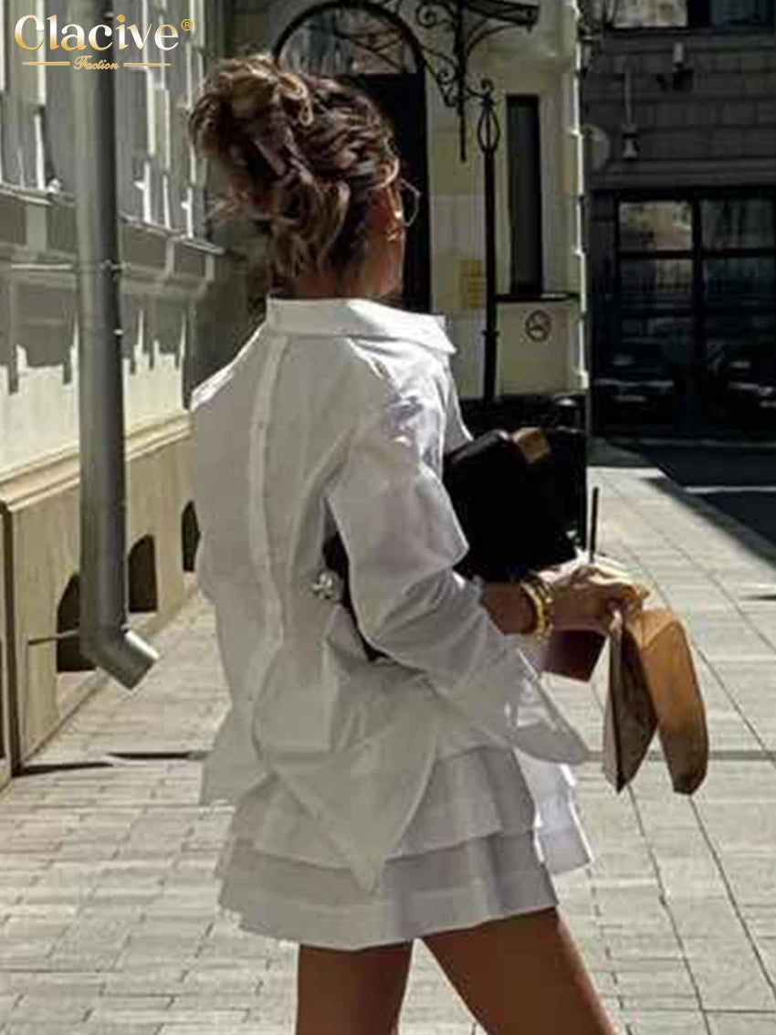 Clacive Fashion Loose White Cotton Women's Two Pieces Set 2025 Elegant Long Sleeve Shirt With High Waist Pleated Mini Skirt Set
