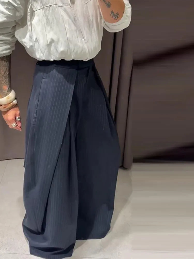 Fashion Stripe Pleated Wide Leg Pants For Women Casual Pockets High Waist Long Trousers 2025 Autumn New Lady Pants High Street