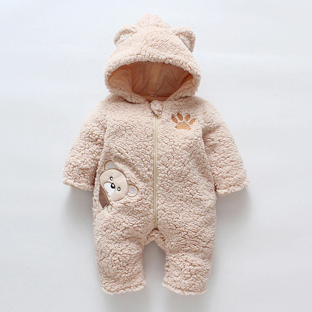 Lamb hair cartoon bear embroidered baby jumpsuit winter new girl baby long sleeved crawling suit thickened girl