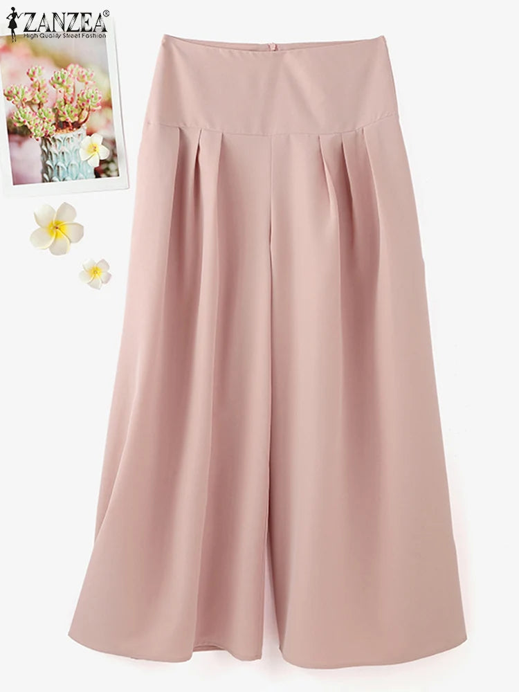 2025 ZANZEA Fashion Formal Trouser Vintage High Waisted Solid Pleating Pants Women Wide Leg Office Pantalons Casual Pockets Pant