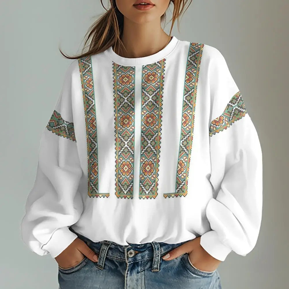 Ukrainian Embroidered Folk Print Womens Oversized Hoodie Long Sleeve Casual Pullover Warm Winter Fashion Streetwear Top