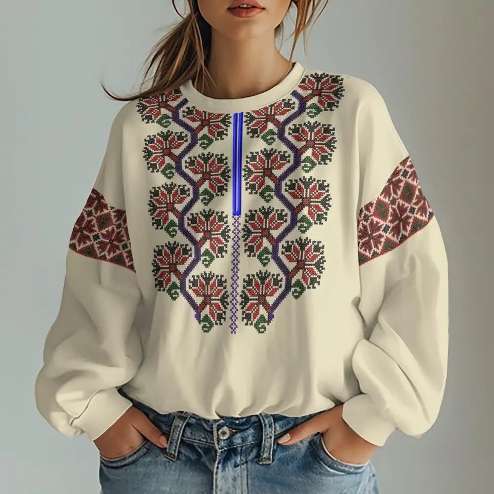 Ukrainian Embroidered Folk Print Womens Oversized Hoodie Long Sleeve Casual Pullover Warm Winter Fashion Streetwear Top