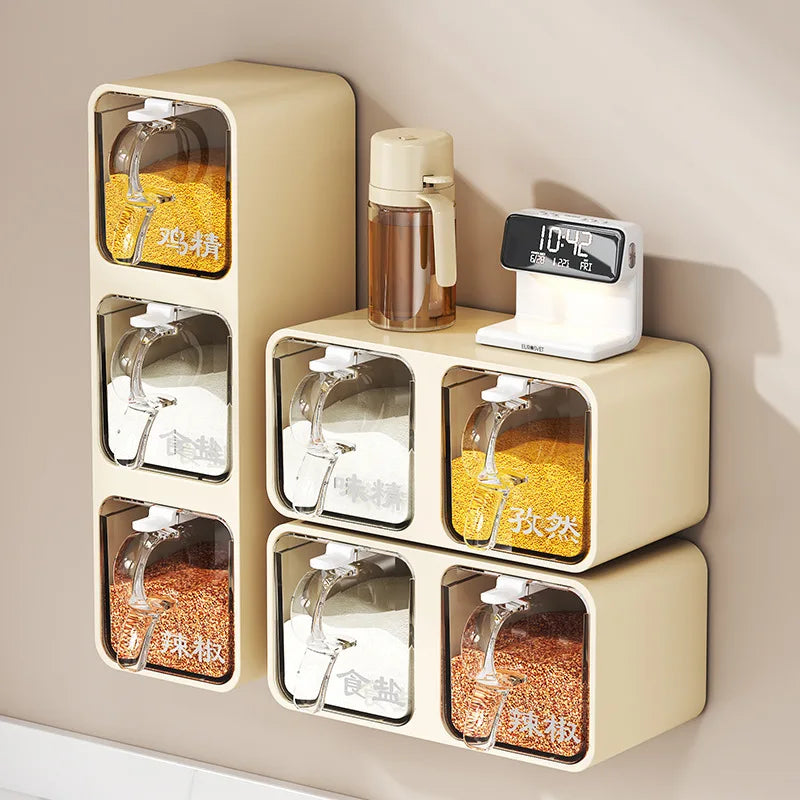 Wall-mounted moisture-proof seasoning box for home kitchen with condiment bottles for salt, MSG, and other condiments.