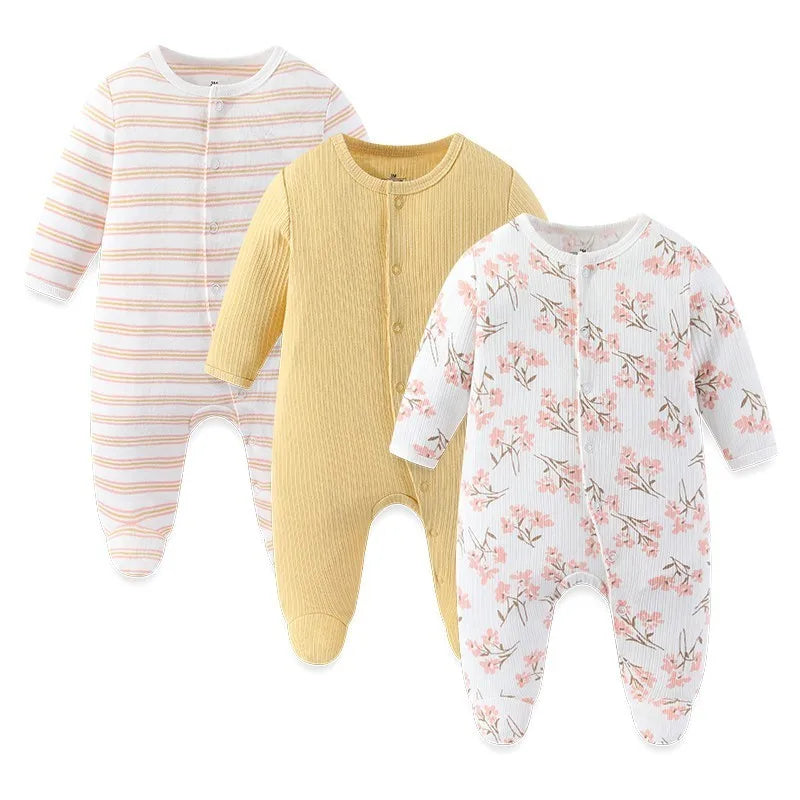 3pcs Cartoon Baby Girl Clothes Long Sleeve Newborn Baby Boy Clothes 100% Cotton Baby Rompers Solid Color 0-12M Spring Bebes