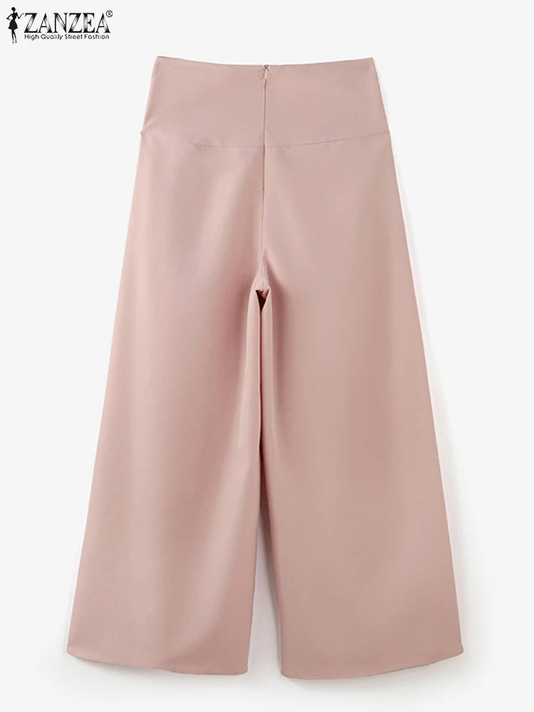 2025 ZANZEA Fashion Formal Trouser Vintage High Waisted Solid Pleating Pants Women Wide Leg Office Pantalons Casual Pockets Pant