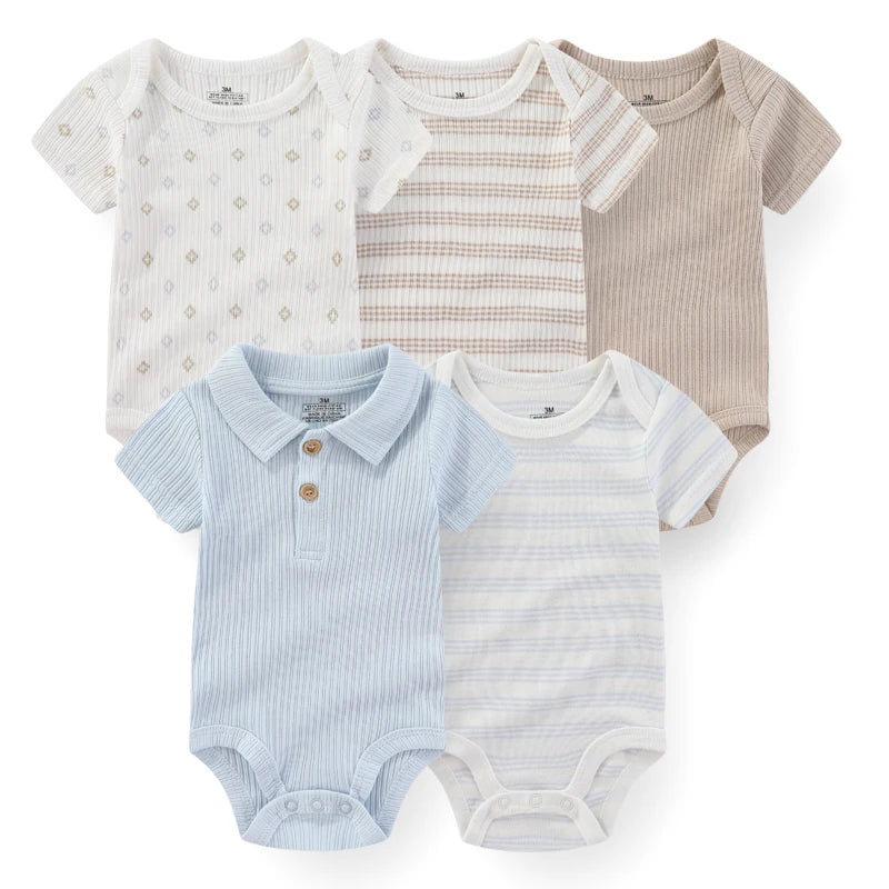 Kiddiezoom 5pcs Summer Short Sleeve Baby Boy Girl Bodysuits Soft Cartoon Newborn Baby Onesie