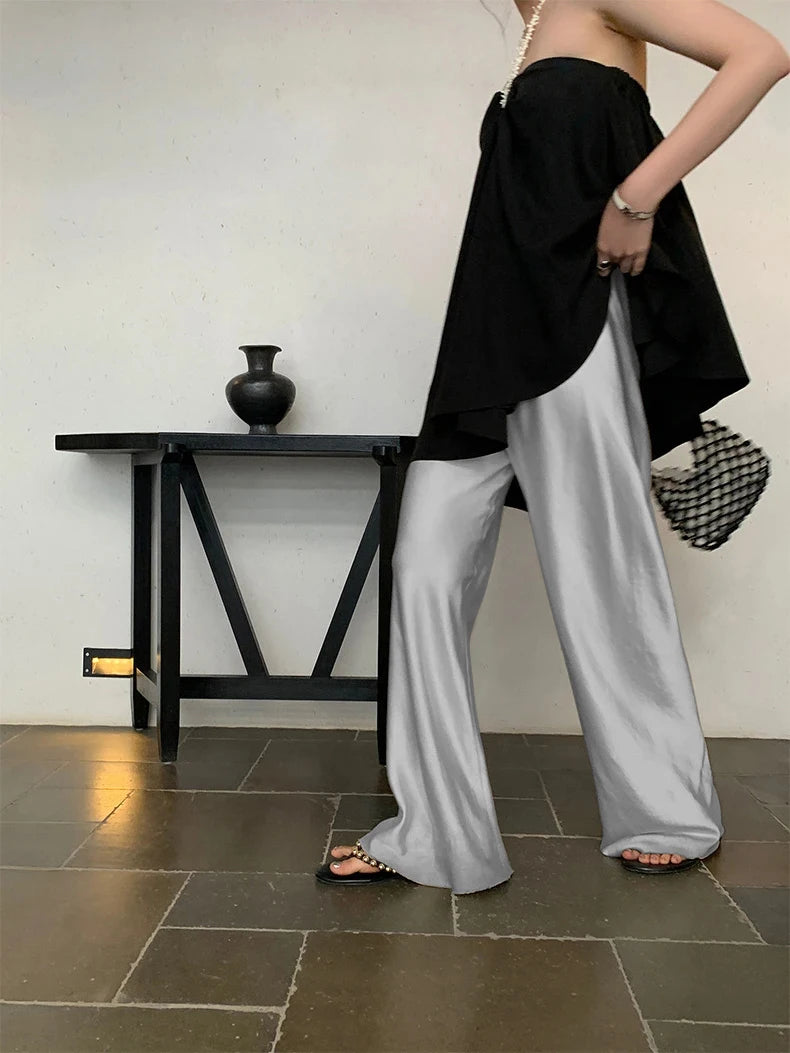 CHEERART Satin Pants For Women Korean Fashion 2023 Summer Trousers Casual Wide Leg Pants Beige Black Blue Bottoms Clothes