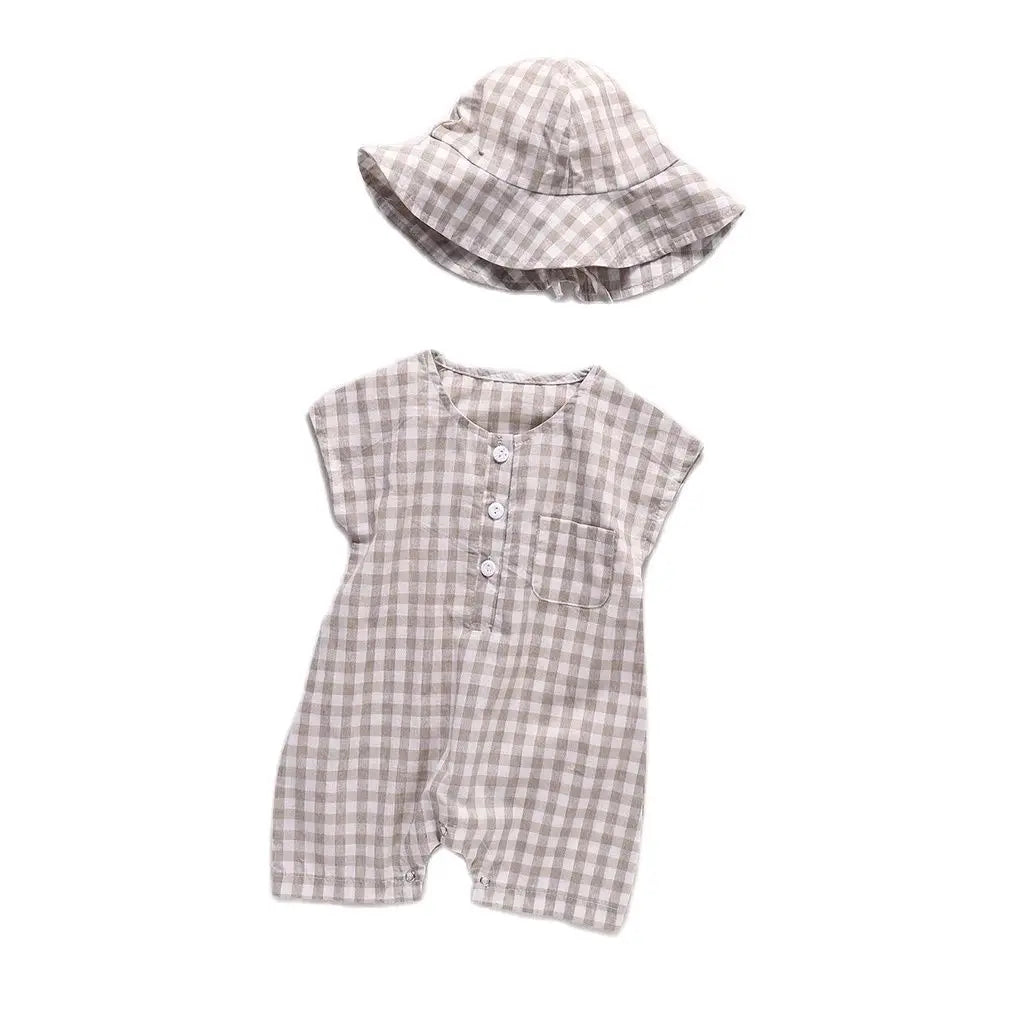 Baby Newborn Plaid Romper+Hat Bundles Toddler Girls Boys Sleeveless Summer Bodysuit Overalls Infant Clothes