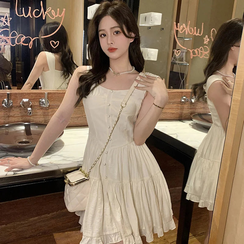 Summer Aesthetic White Sweet Dress Women Korean Vintage Slip Princess Slim Waist Dresses Elegant Ruffle High Waist Skirt
