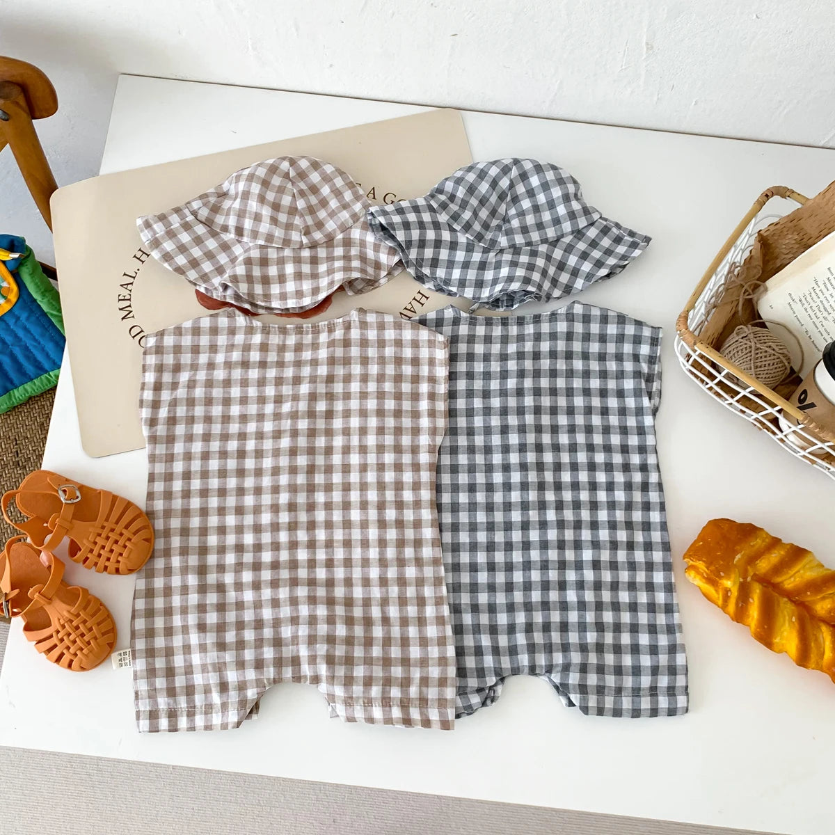 Baby Newborn Plaid Romper+Hat Bundles Toddler Girls Boys Sleeveless Summer Bodysuit Overalls Infant Clothes
