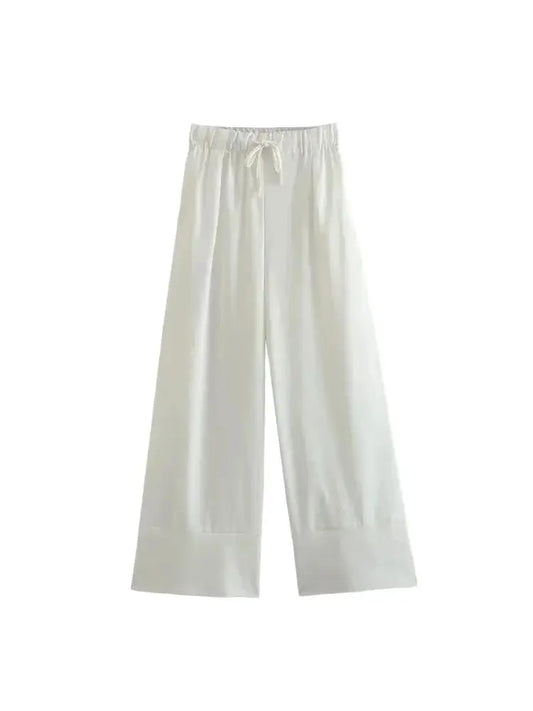 Women Fashion Side Pockets Linen Wide Leg Pants Vintage High Elastic Waist With Drawstrings Female Trousers Mujer