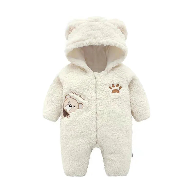Lamb hair cartoon bear embroidered baby jumpsuit winter new girl baby long sleeved crawling suit thickened girl