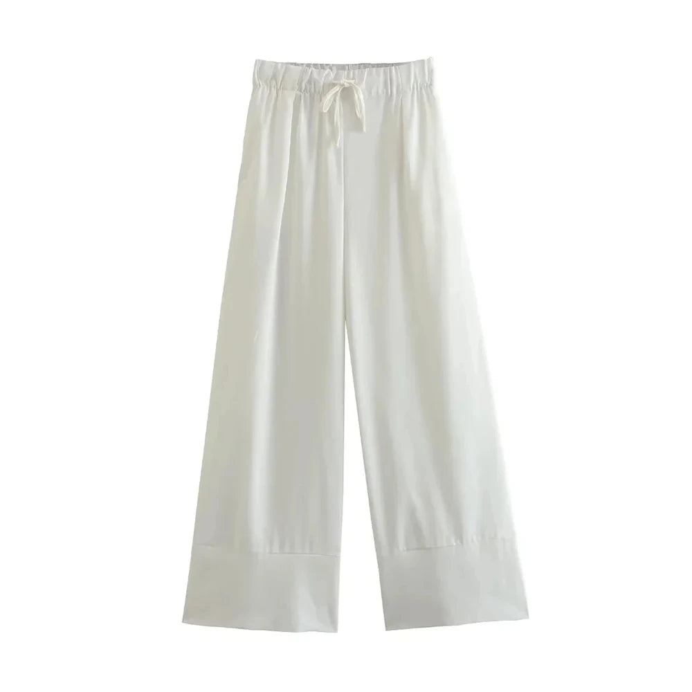 Women Fashion Side Pockets Linen Wide Leg Pants Vintage High Elastic Waist With Drawstrings Female Trousers Mujer
