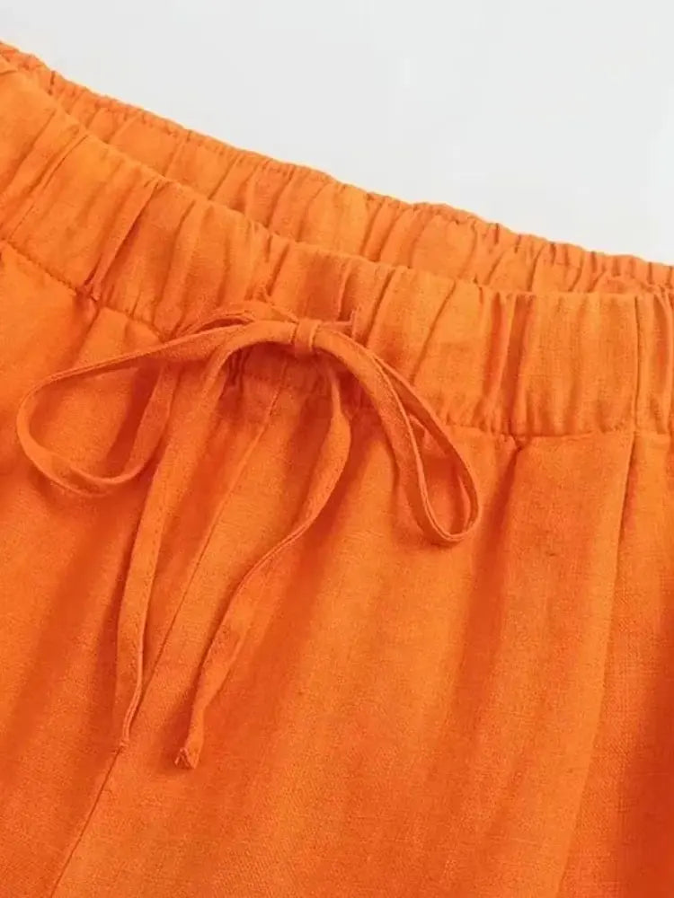 Women Fashion Side Pockets Linen Wide Leg Pants Vintage High Elastic Waist With Drawstrings Female Trousers Mujer