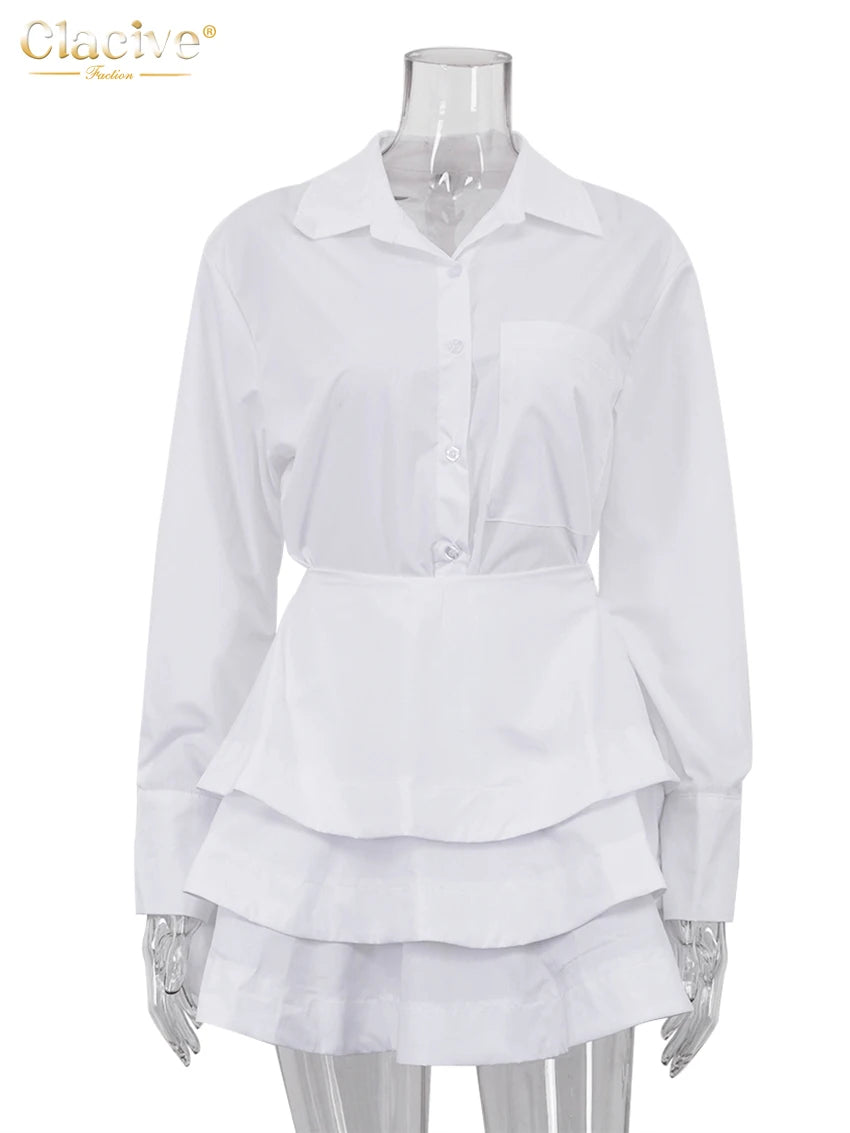 Clacive Fashion Loose White Cotton Women's Two Pieces Set 2025 Elegant Long Sleeve Shirt With High Waist Pleated Mini Skirt Set