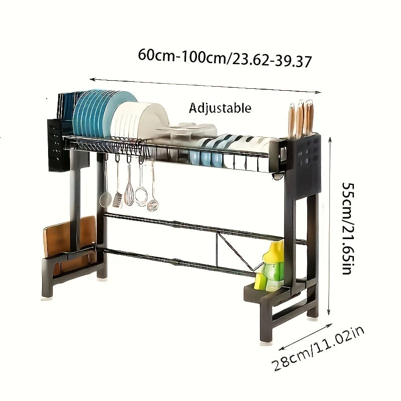 1 adjustable black metal kitchen rack with sink and lid -2-layer expandable dishwasher rack with cutlery rack.