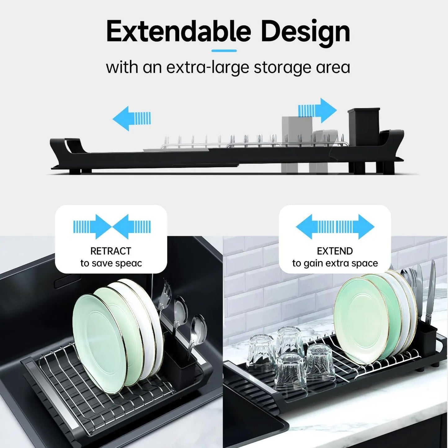 1pcs Expandable Small Dish Drying Rack Dish Racks for Kitchen Counter Dish Drainer with Removable Cutlery Holder