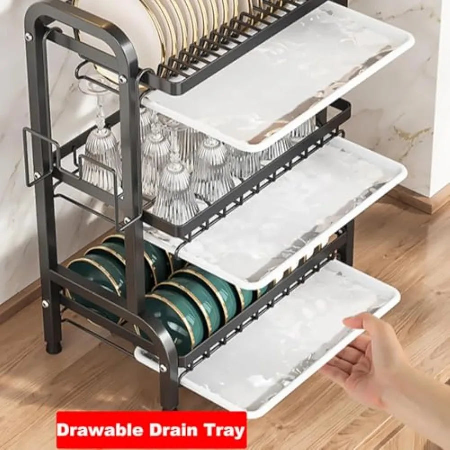 3 Tier Dish Drying Rack Sturdy Carbon Steel Dish Racks for Kitchen Counter Metal Kitchen Organizers and Storage Rack Large Capa
