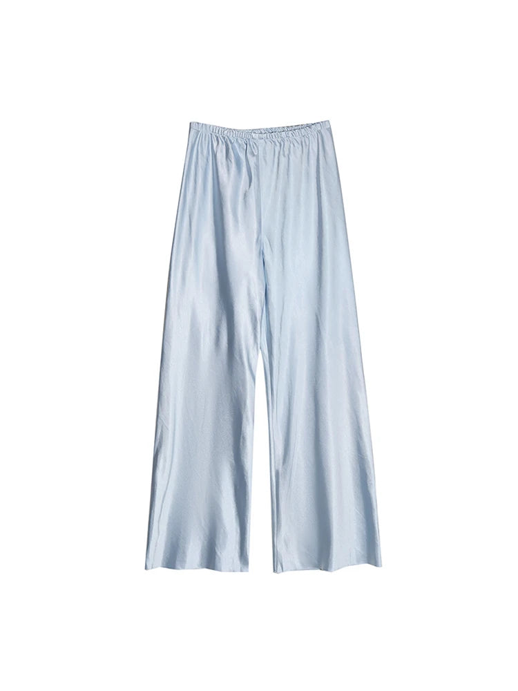 CHEERART Satin Pants For Women Korean Fashion 2023 Summer Trousers Casual Wide Leg Pants Beige Black Blue Bottoms Clothes
