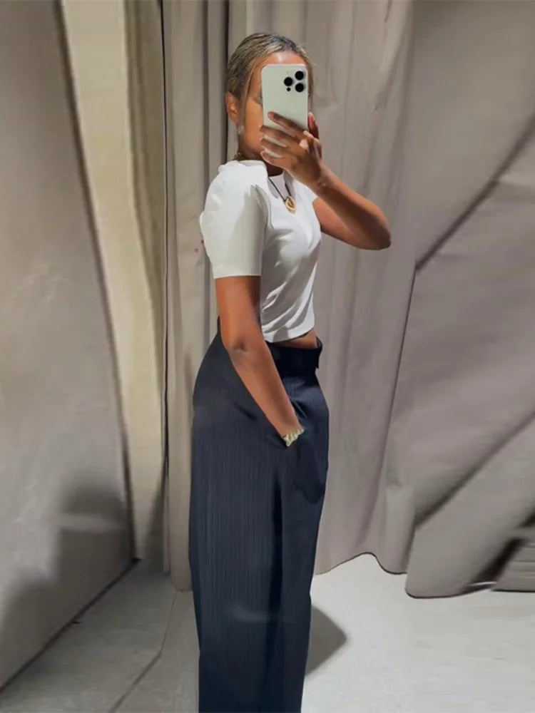 Fashion Stripe Pleated Wide Leg Pants For Women Casual Pockets High Waist Long Trousers 2025 Autumn New Lady Pants High Street