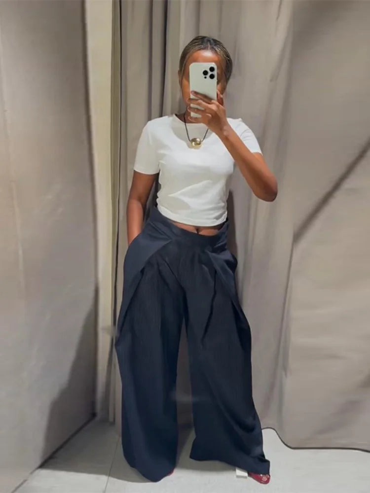 Fashion Stripe Pleated Wide Leg Pants For Women Casual Pockets High Waist Long Trousers 2025 Autumn New Lady Pants High Street