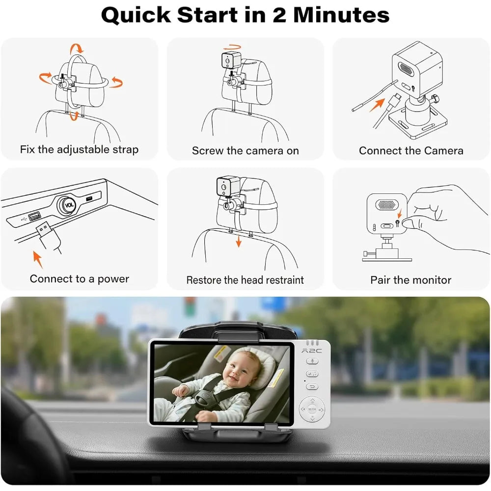 Baby Car Camera for Backseat Wireless, USB Powered Baby Camera Monitor for Car Backseat & Home Use, 360° Rotating Rear Seat Mon