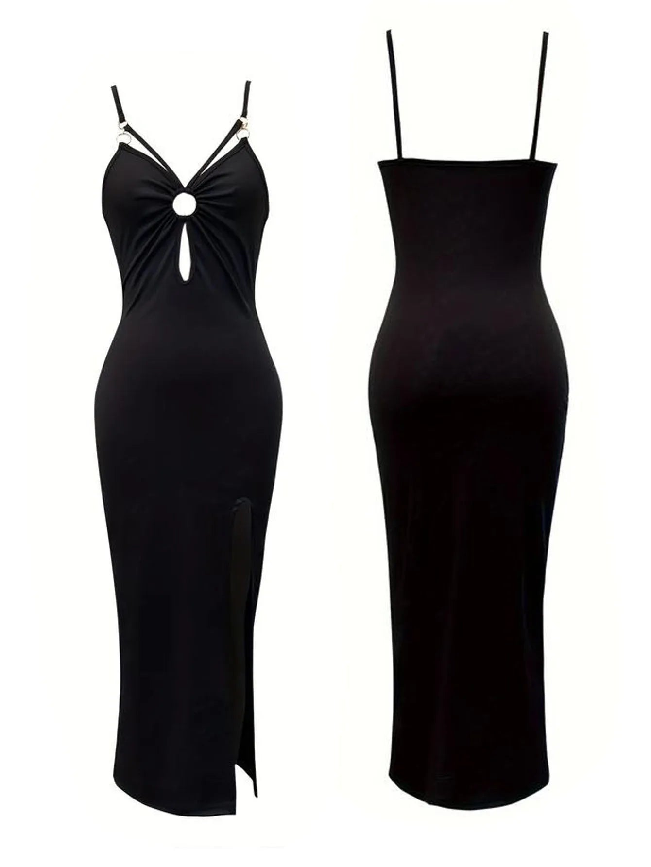 Fashion Cut Out Ring Solid Cami Dress, Sexy Spaghetti Strap Backless Slim Split Chest Ruched Dress, Women's Clothing