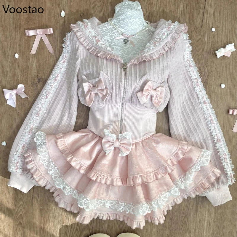 Kawaii Lolita Style Women 2 Piece Set Japanese Sweet Pink Bow Zipper Coat Tops Lace Ruffle Mini Cake Skirt Female Fashion Outfit