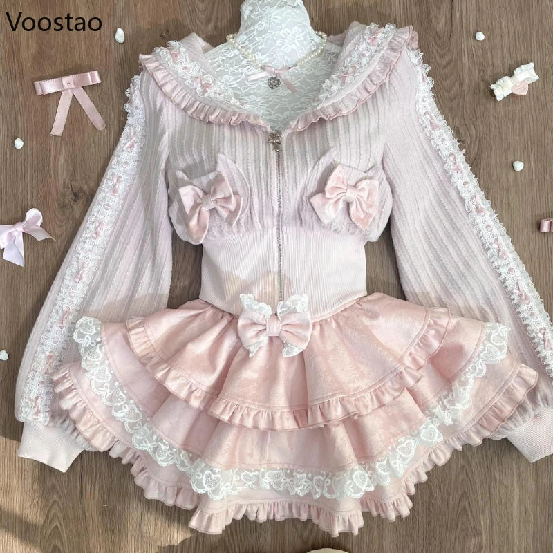 Kawaii Lolita Style Women 2 Piece Set Japanese Sweet Pink Bow Zipper Coat Tops Lace Ruffle Mini Cake Skirt Female Fashion Outfit