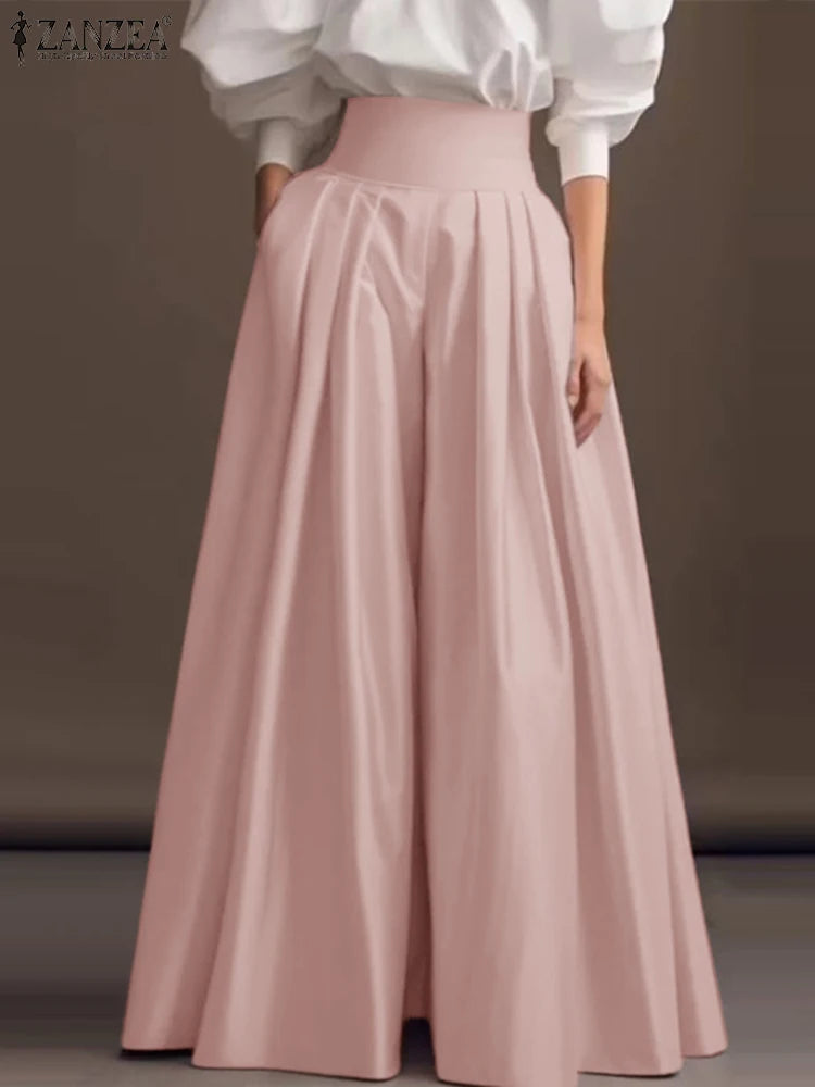 2025 ZANZEA Fashion Formal Trouser Vintage High Waisted Solid Pleating Pants Women Wide Leg Office Pantalons Casual Pockets Pant