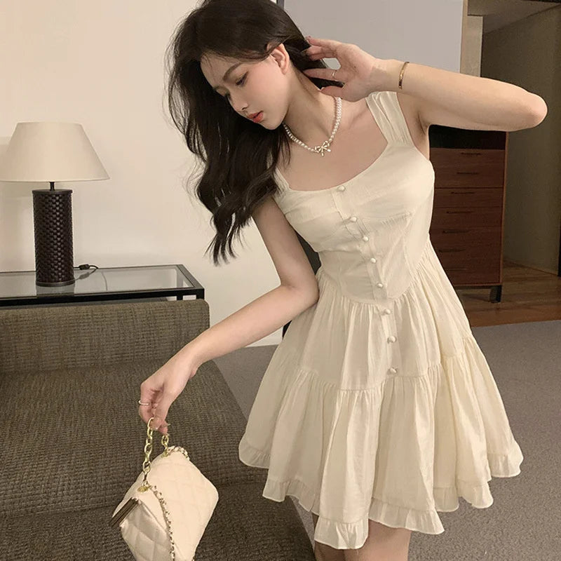 Summer Aesthetic White Sweet Dress Women Korean Vintage Slip Princess Slim Waist Dresses Elegant Ruffle High Waist Skirt