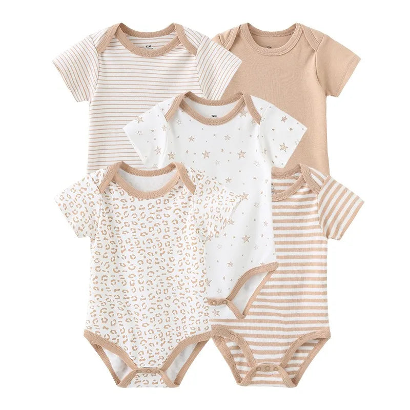 Kiddiezoom 5pcs Summer Short Sleeve Baby Boy Girl Bodysuits Soft Cartoon Newborn Baby Onesie