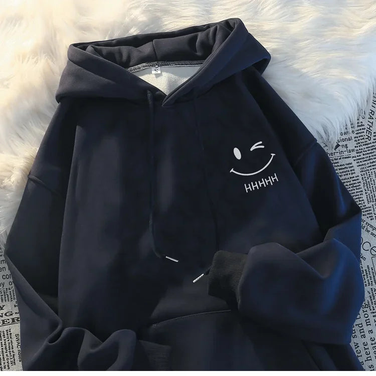 Women's Smiling Face Funny Fashion Couple Hooded Sweater American Heavyweight Loose Thickened Cashmere Boys' Hoodie Pullover Top