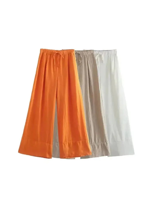 Women Fashion Side Pockets Linen Wide Leg Pants Vintage High Elastic Waist With Drawstrings Female Trousers Mujer