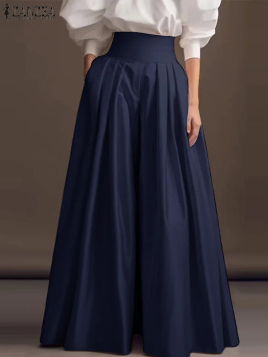 2025 ZANZEA Fashion Formal Trouser Vintage High Waisted Solid Pleating Pants Women Wide Leg Office Pantalons Casual Pockets Pant