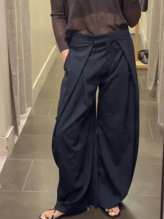 Fashion Stripe Pleated Wide Leg Pants For Women Casual Pockets High Waist Long Trousers 2025 Autumn New Lady Pants High Street