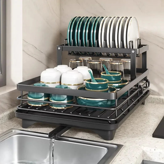 Stainless Steel 2-Tier Dish Drying Rack with Drip Tray – Heavy Duty Kitchen Counter Organizer for Plates, Bowls & Utensils