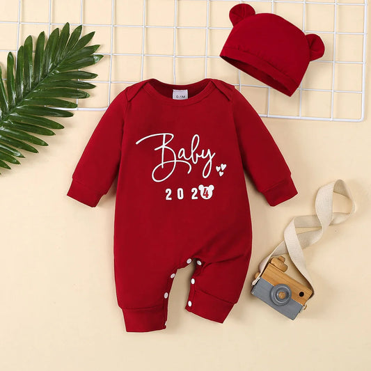 Baby boy English printed round neck long sleeved (including hat) jumpsuit pants