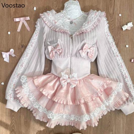 Kawaii Lolita Style Women 2 Piece Set Japanese Sweet Pink Bow Zipper Coat Tops Lace Ruffle Mini Cake Skirt Female Fashion Outfit