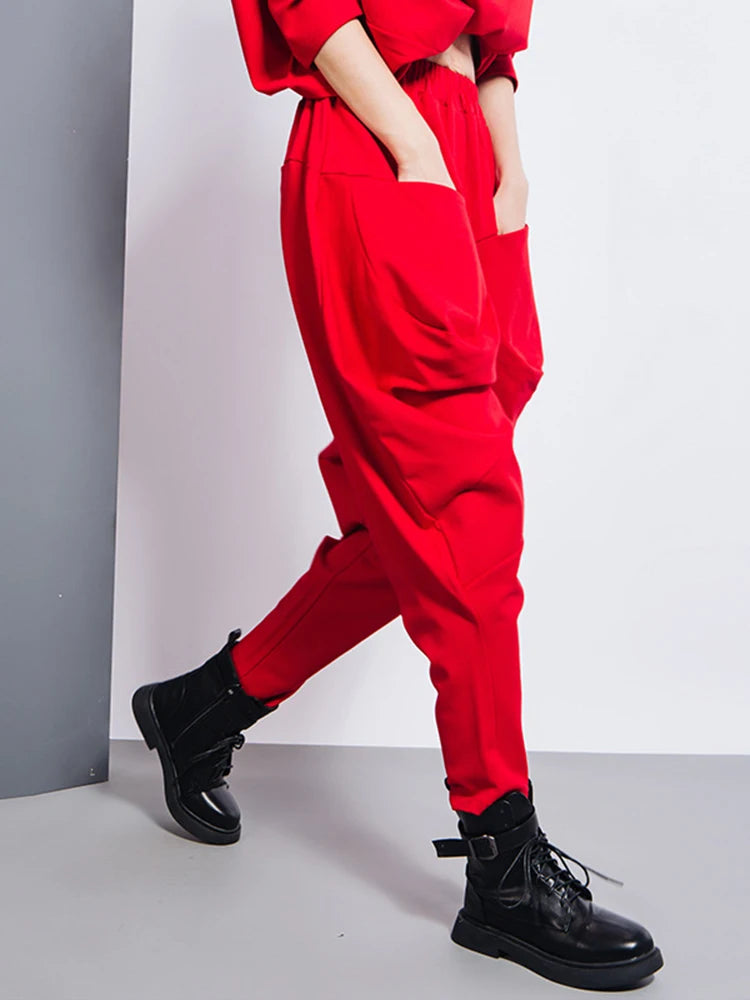 [EAM] Big Pockets Spliced Irregular High Waist Harem Trousers New Loose Fit Pants Women Fashion Tide Spring Autumn 2025 1DD2684