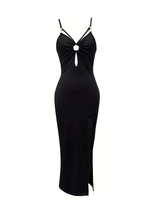 Fashion Cut Out Ring Solid Cami Dress, Sexy Spaghetti Strap Backless Slim Split Chest Ruched Dress, Women's Clothing