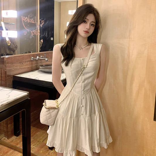Summer Aesthetic White Sweet Dress Women Korean Vintage Slip Princess Slim Waist Dresses Elegant Ruffle High Waist Skirt