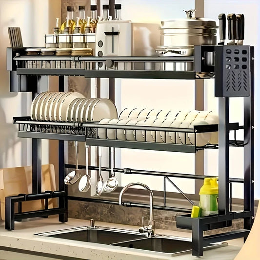 1 adjustable black metal kitchen rack with sink and lid -2-layer expandable dishwasher rack with cutlery rack.
